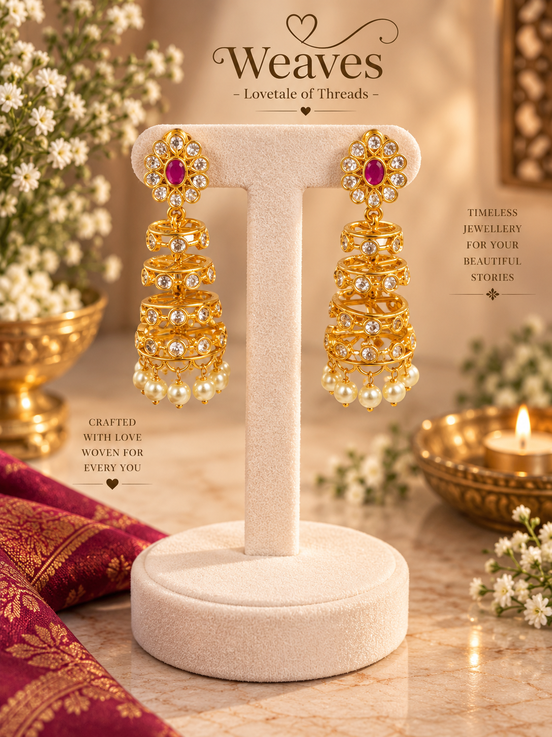 Tiered gold jhumka earrings with white stones, pink centre stone, and pearl drops