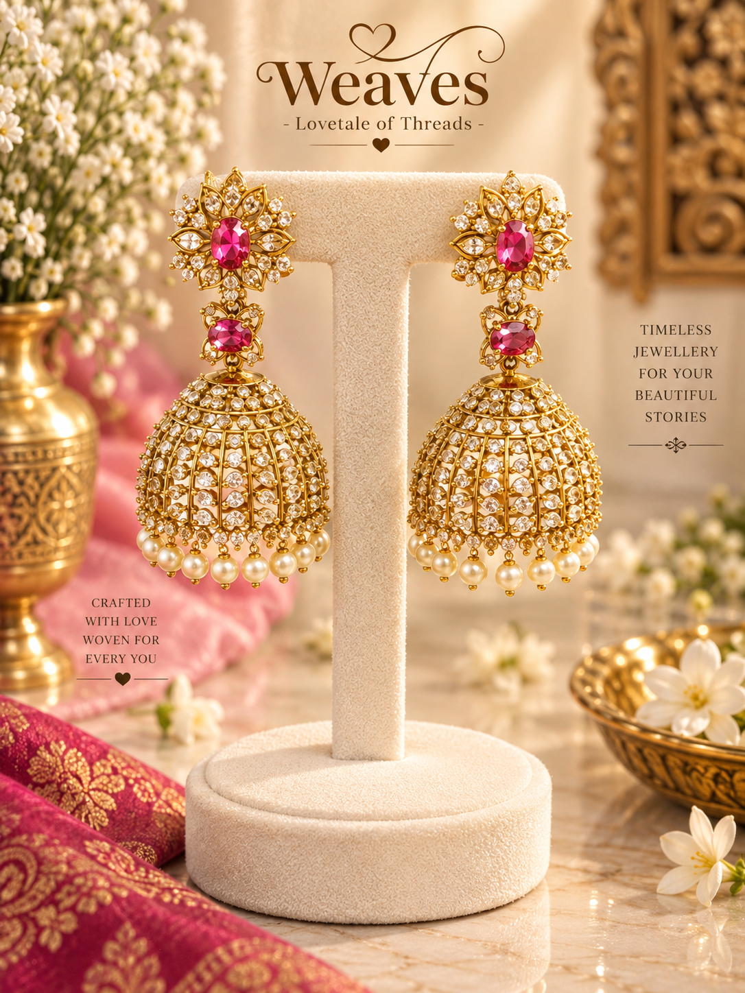 Gold dome jhumka earrings with white stone work, pink centre stones, and pearl drops