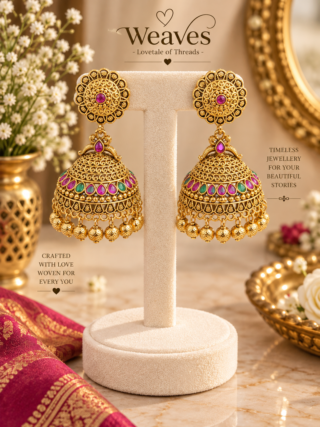 Antique gold filigree jhumka earrings with pink and green kemp stones and gold ball drops