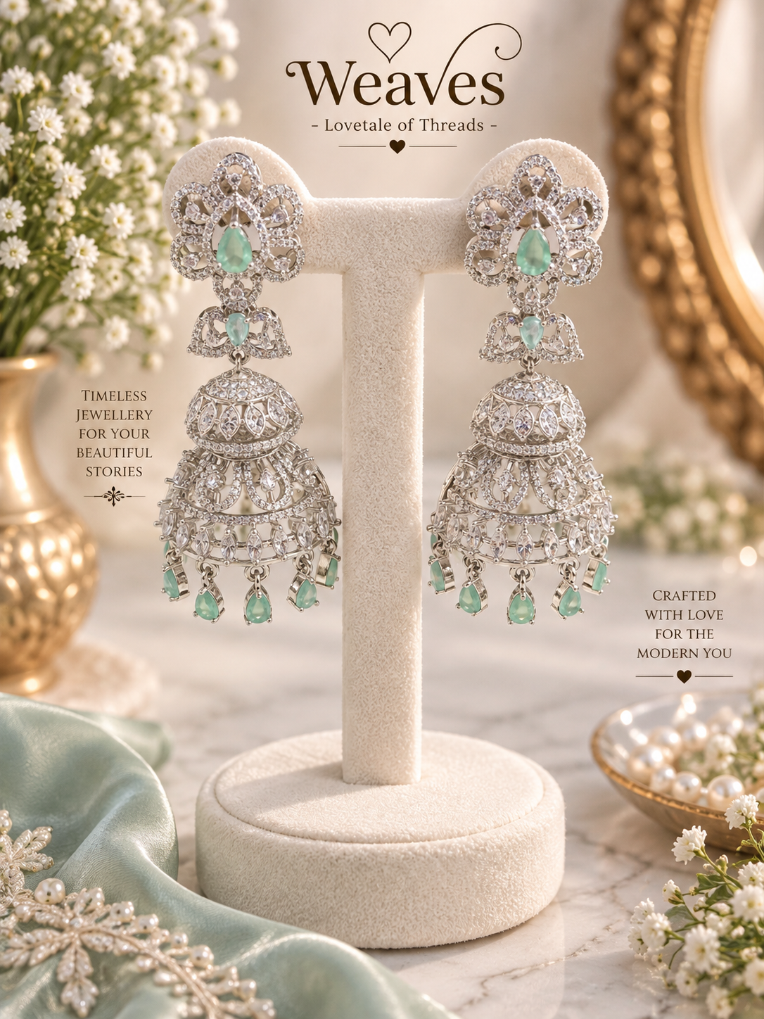 Silver-tone American diamond jhumka earrings with mint green stones and tiered drops