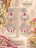Silver-tone American diamond chandbali jhumka earrings with rani pink stones