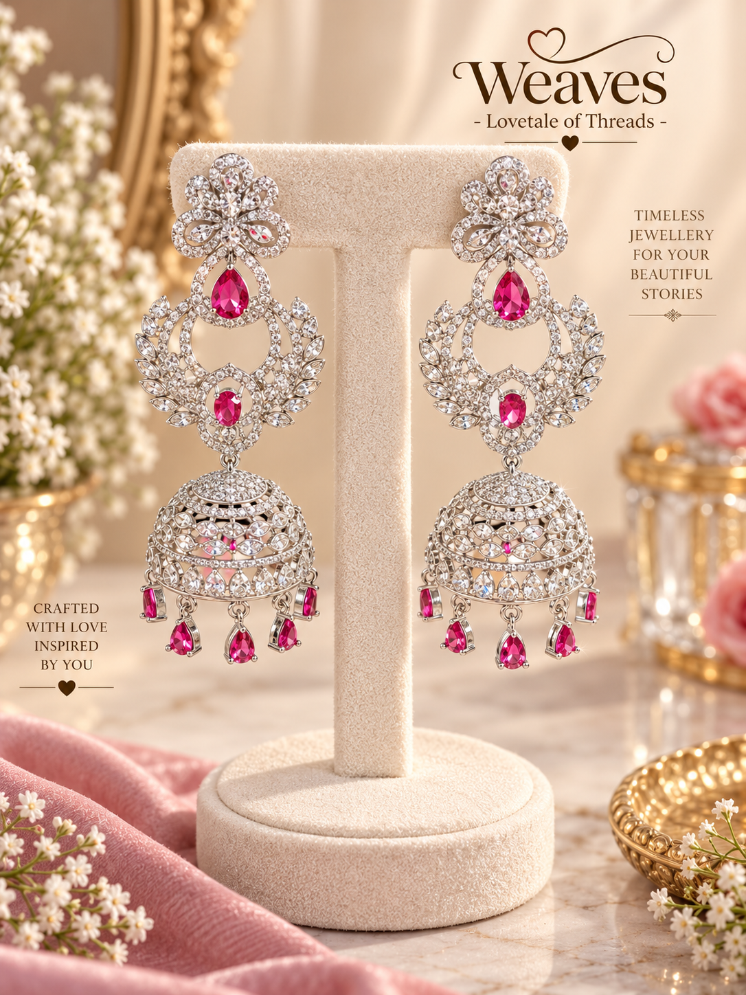 Silver-tone American diamond chandbali jhumka earrings with rani pink stones