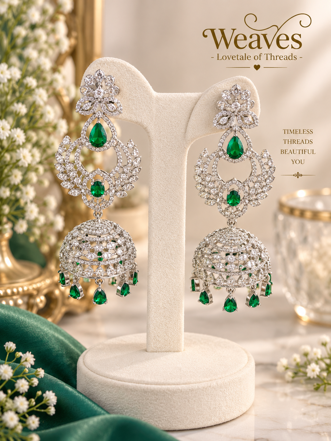Silver-tone American diamond chandbali jhumka earrings with emerald green stones