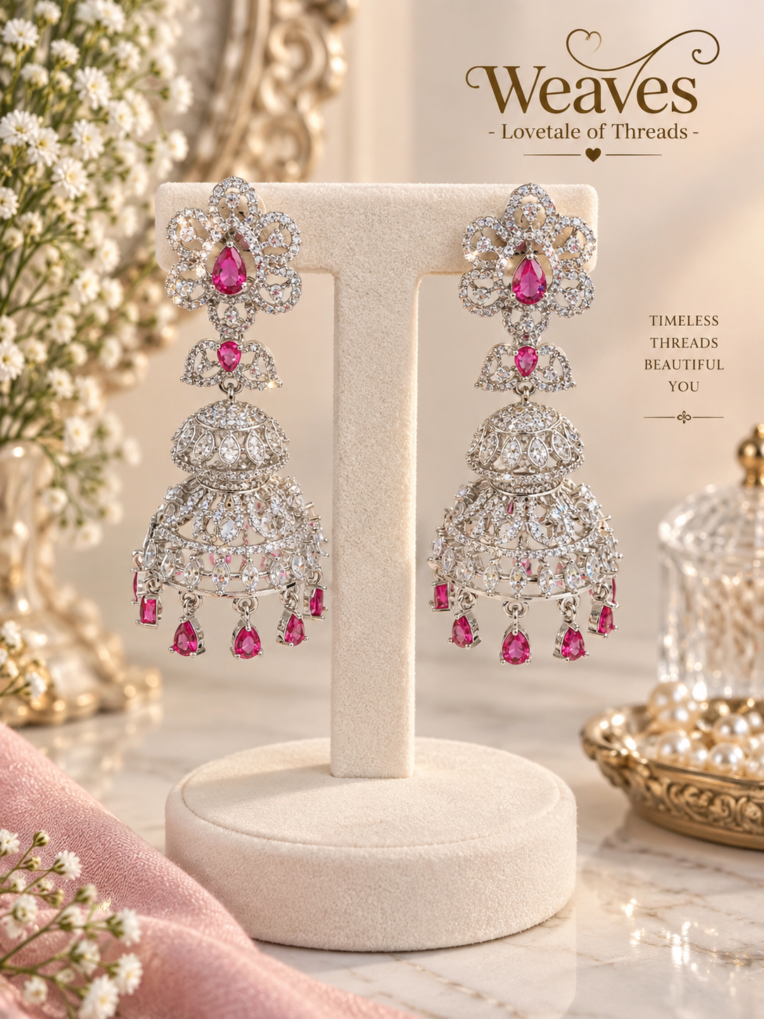 Silver-tone American diamond jhumka earrings with rani pink stones and tiered drops