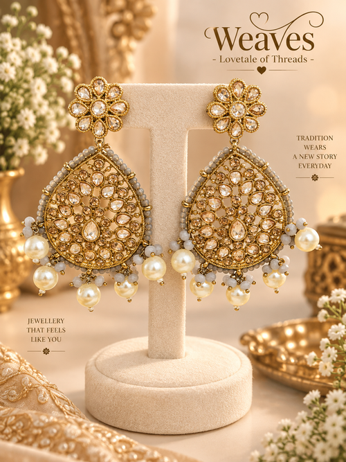 Antique gold polki teardrop earrings with champagne stones, grey beads, and pearl cluster drops