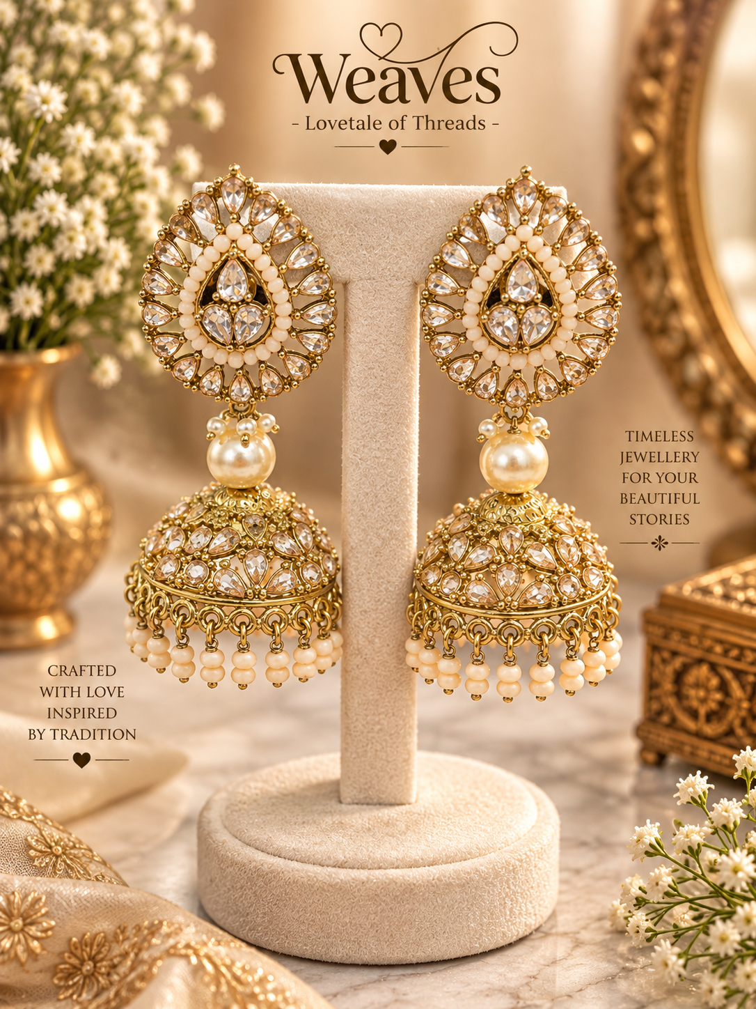 Antique gold polki jhumka earrings with ivory beads and pearl detailing