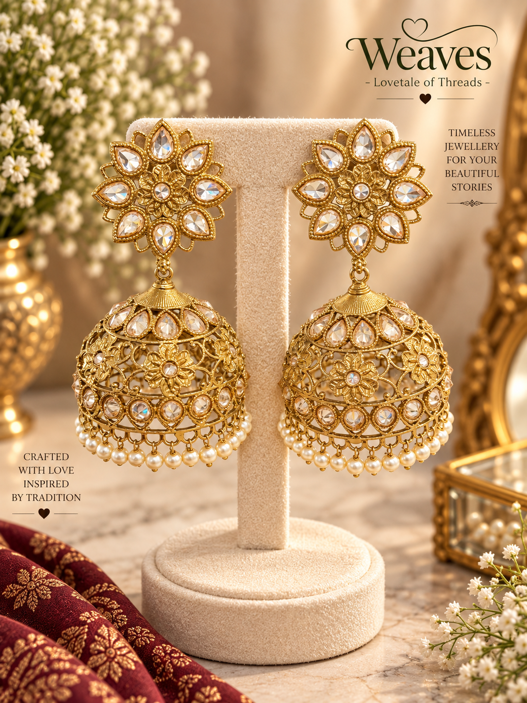 Gold kundan floral jhumka earrings with openwork dome and pearl drop fringe