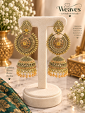 Antique gold chandbali jhumka earrings with amber stones and golden bead drops