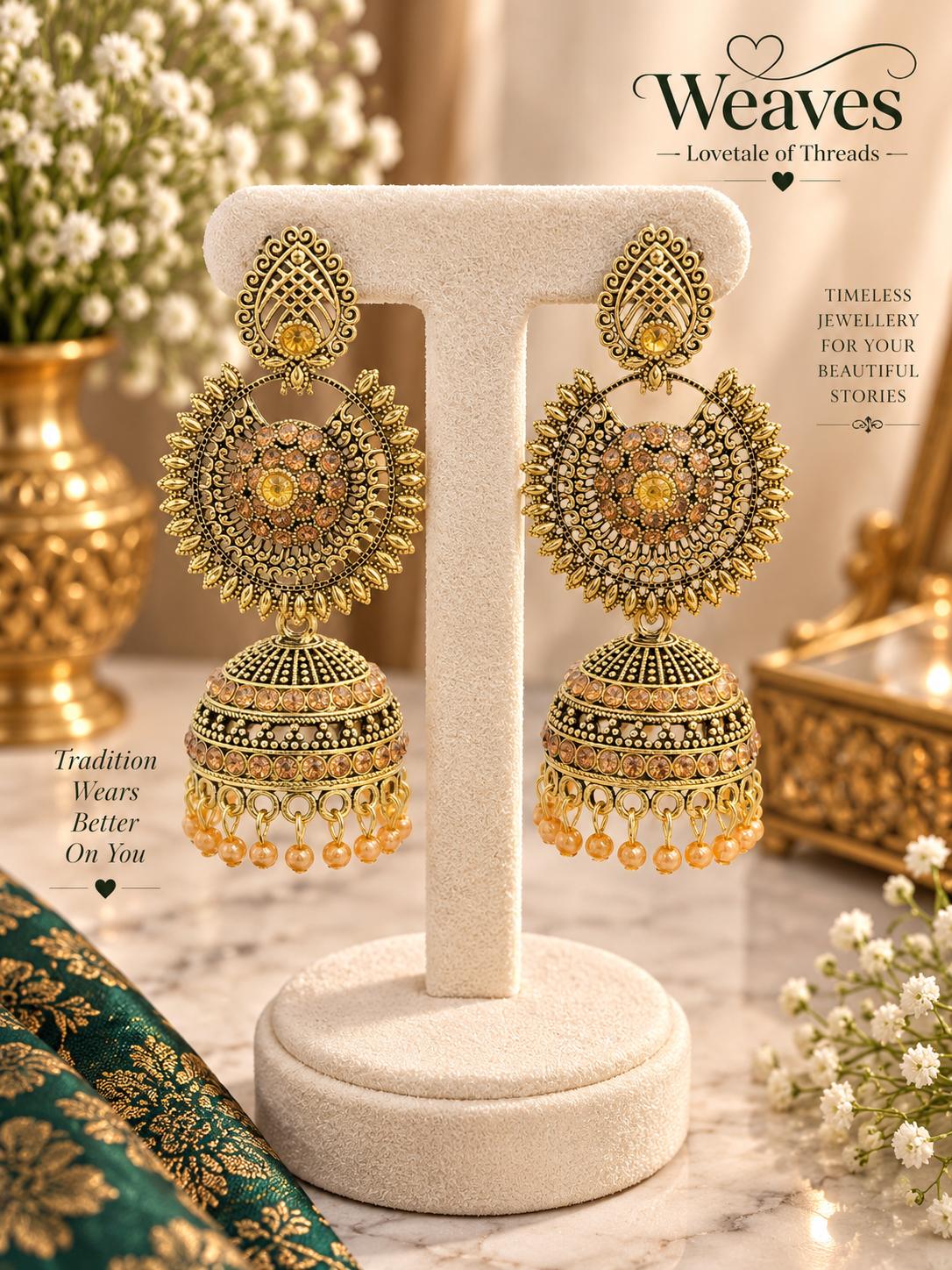 Antique gold chandbali jhumka earrings with amber stones and golden bead drops
