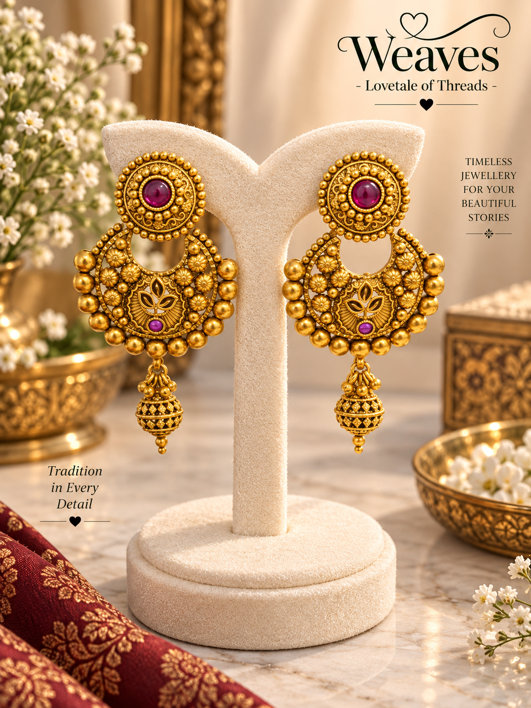 Antique gold chandbali jhumka earrings with ruby cabochon stones and beaded goldwork
