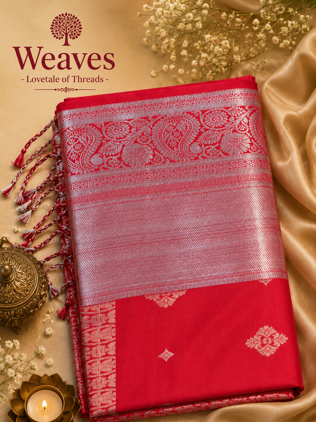 Red soft silk saree with silver-toned woven border and paisley detailing