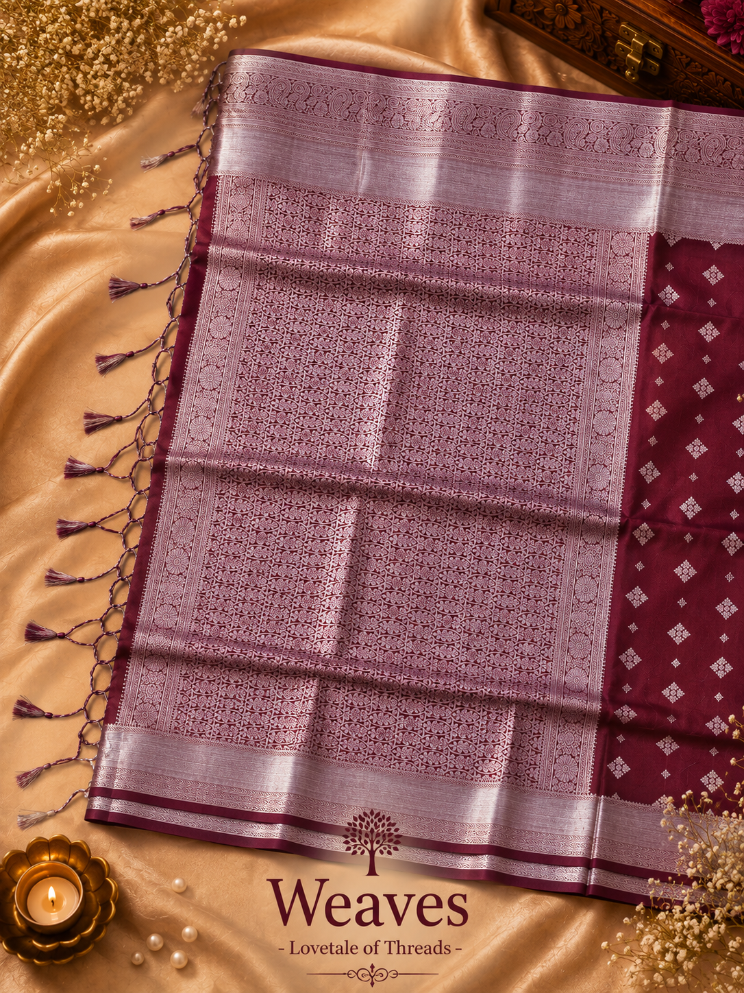 Maroon soft silk saree showing the detailed silver-toned pallu and decorative tassels
