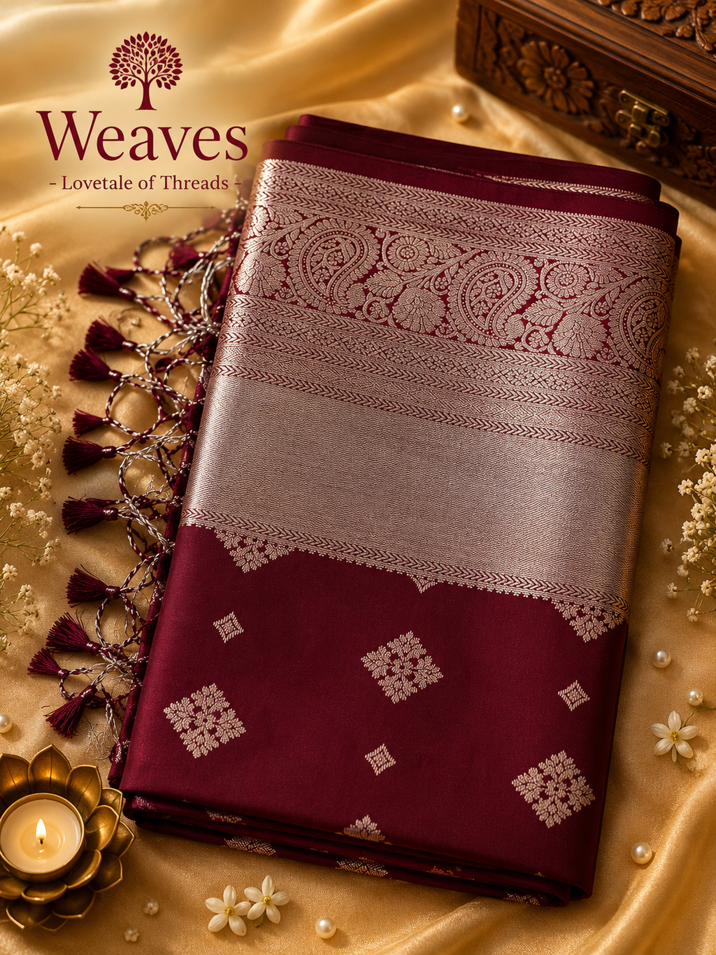 Maroon soft silk saree with silver-toned paisley border and woven motifs