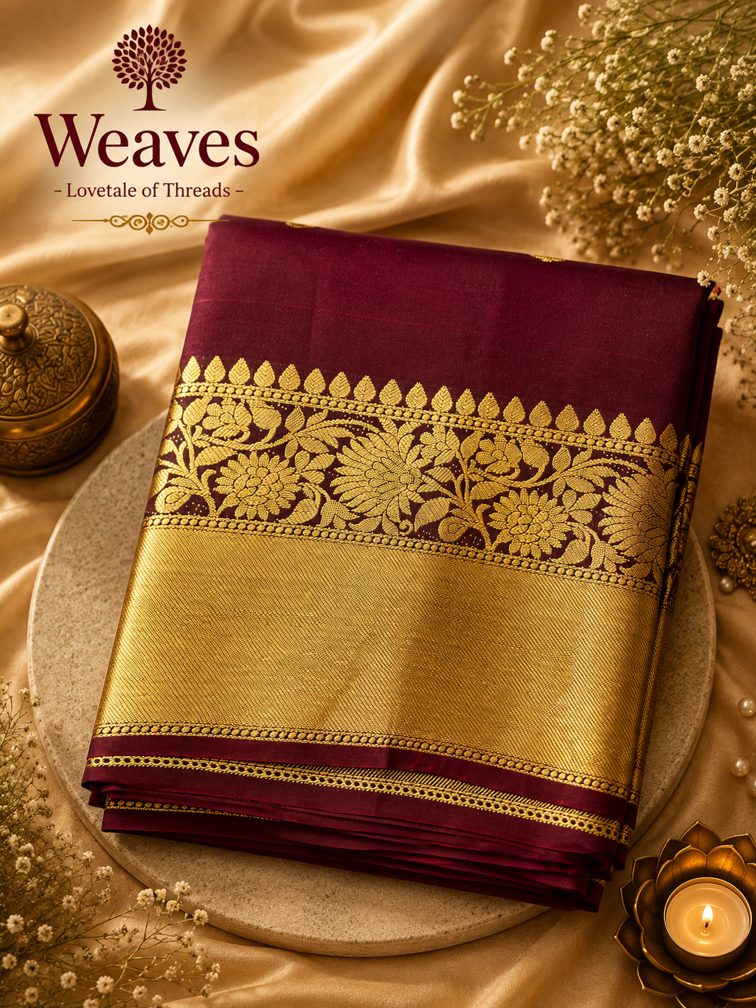 Maroon soft silk saree folded with a broad gold floral border and woven detailing