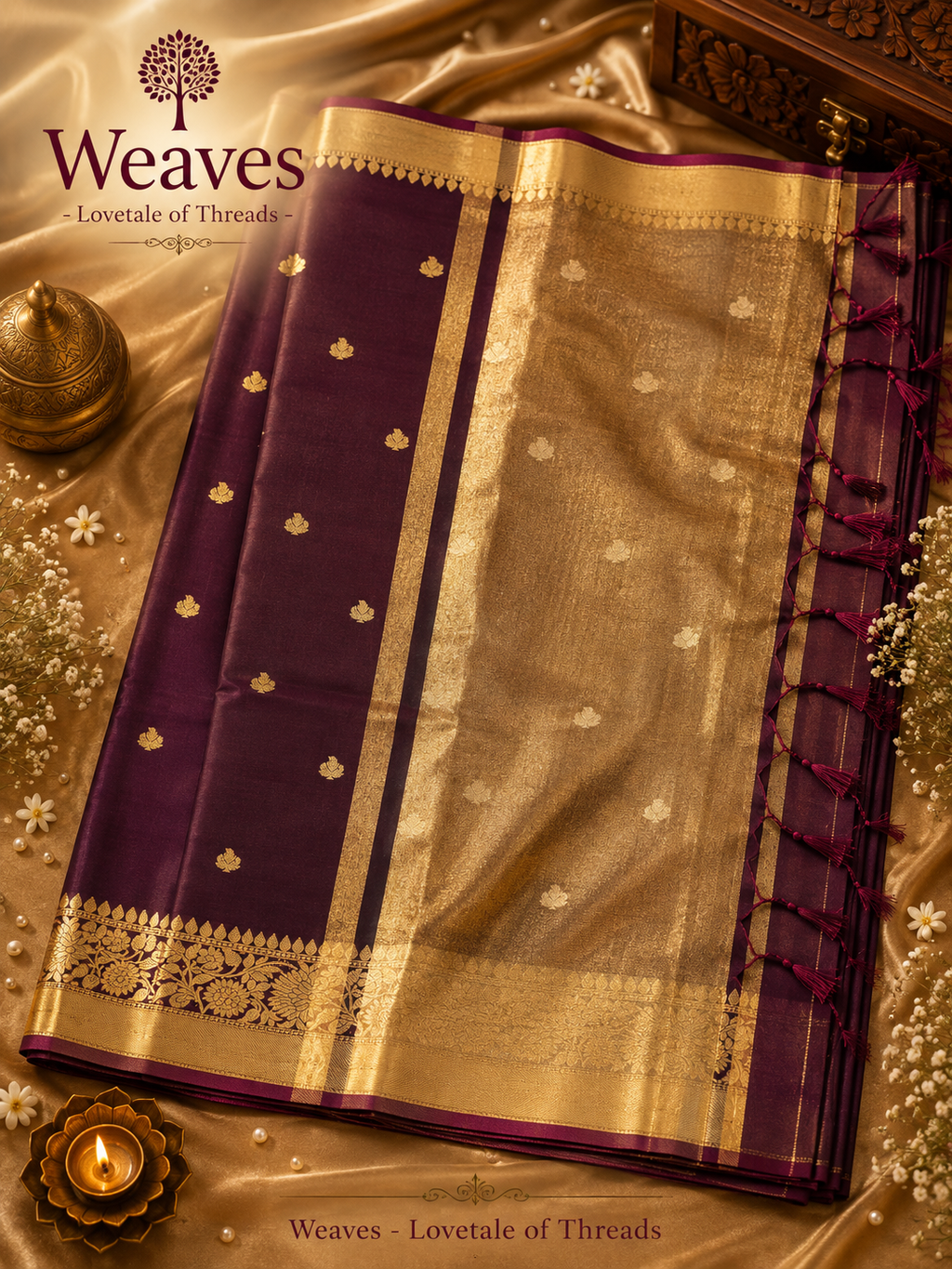 Maroon soft silk saree displayed with gold pallu, woven motifs, border, and tassel finishing