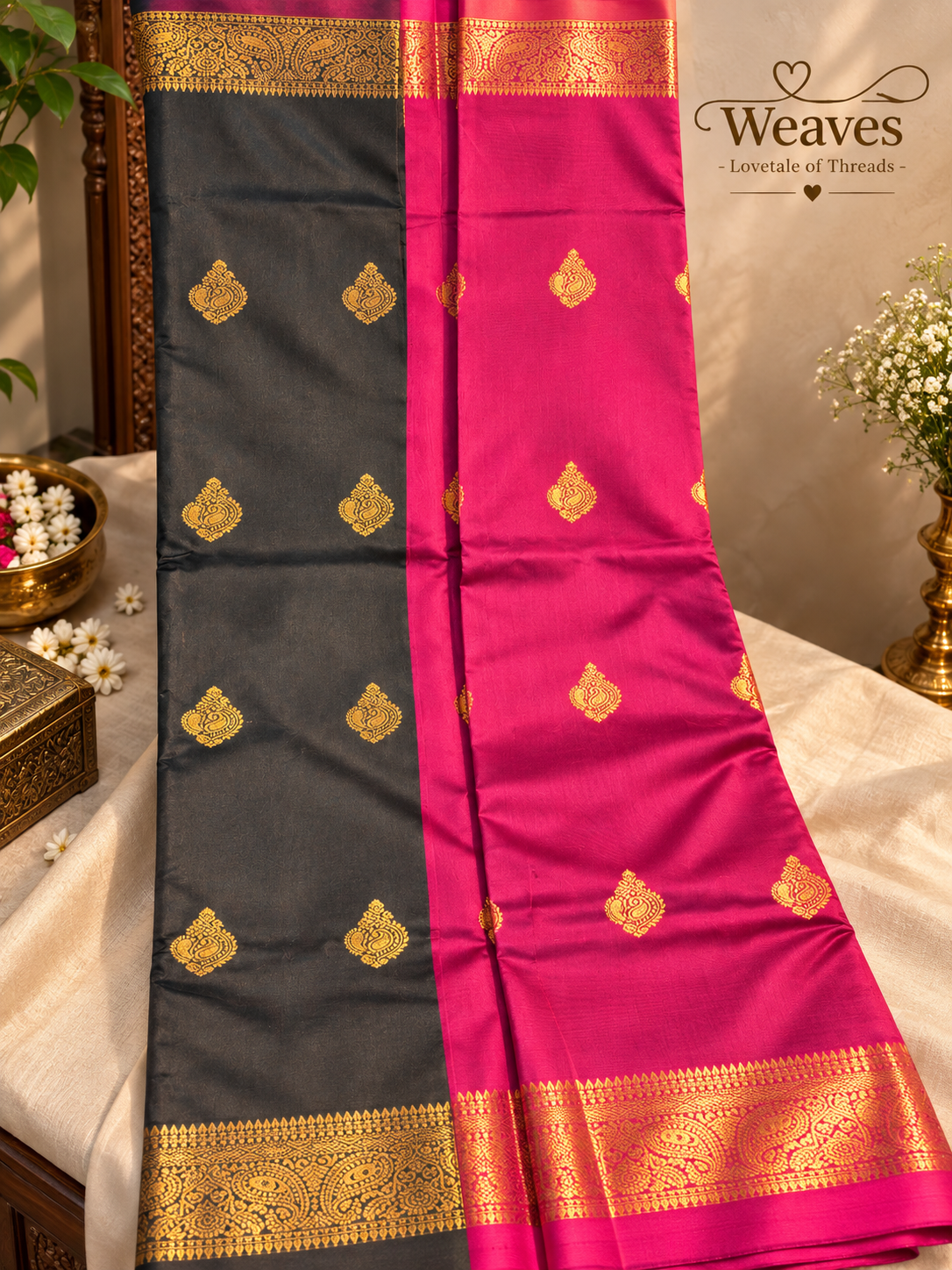 Charcoal grey and pink soft silk saree with gold motifs and ornate border