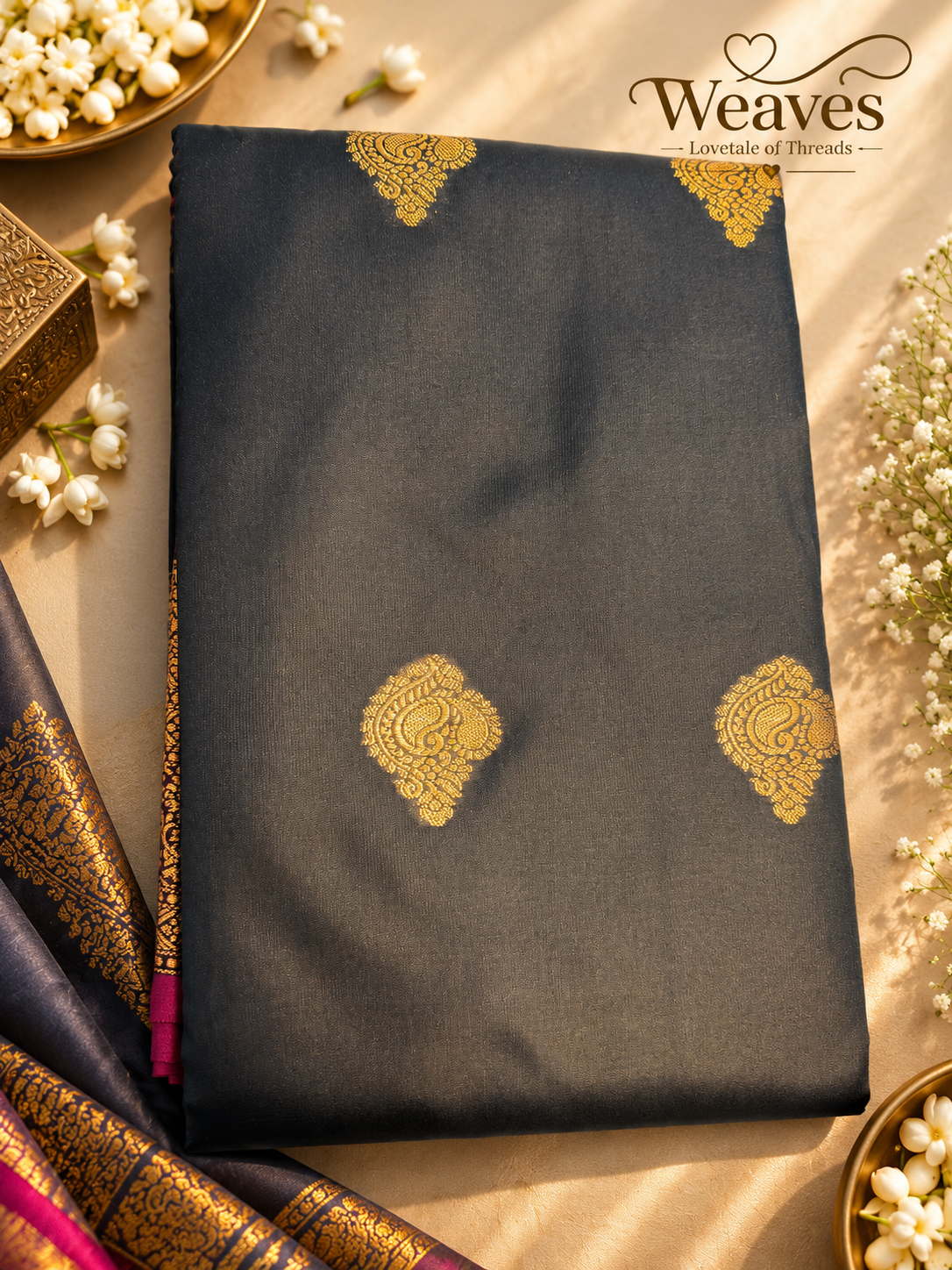 Charcoal grey soft silk saree with gold-toned paisley motifs