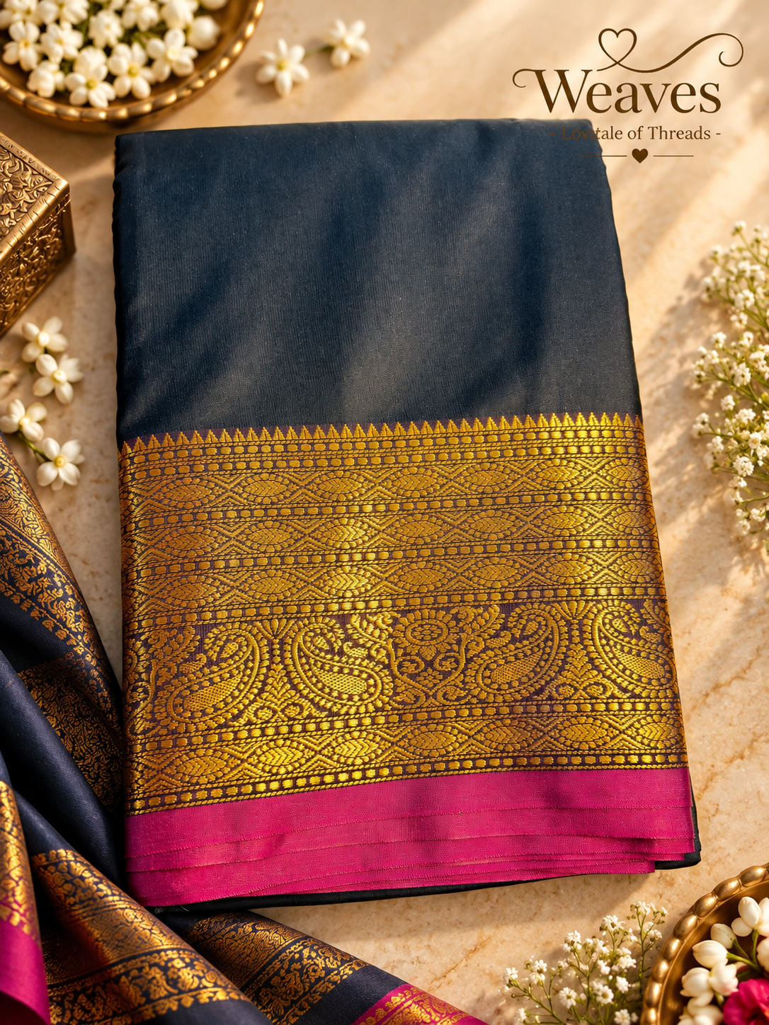 Charcoal grey and pink soft silk saree with gold-toned paisley border