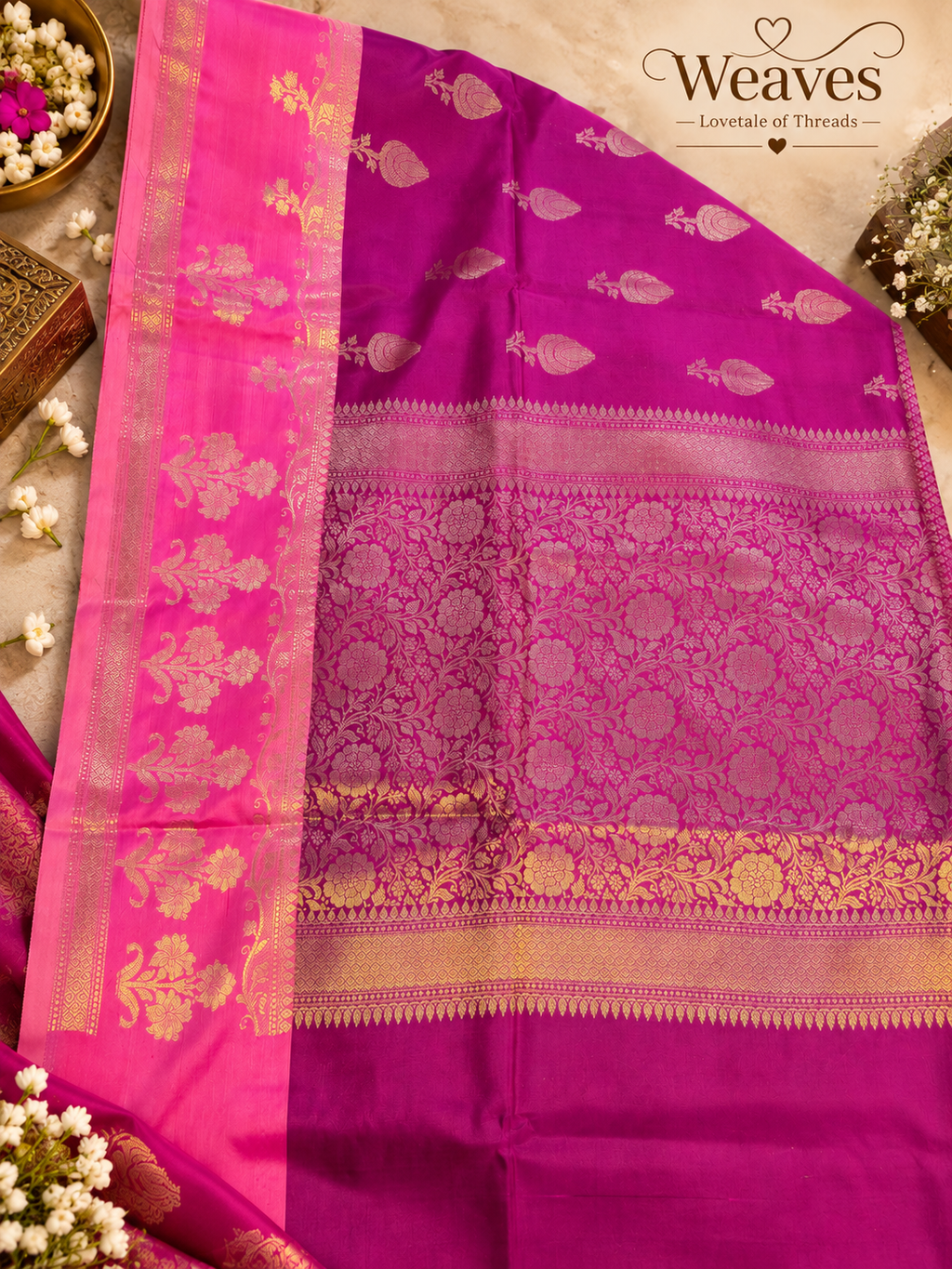 Magenta Banarasi soft silk saree with gold motifs