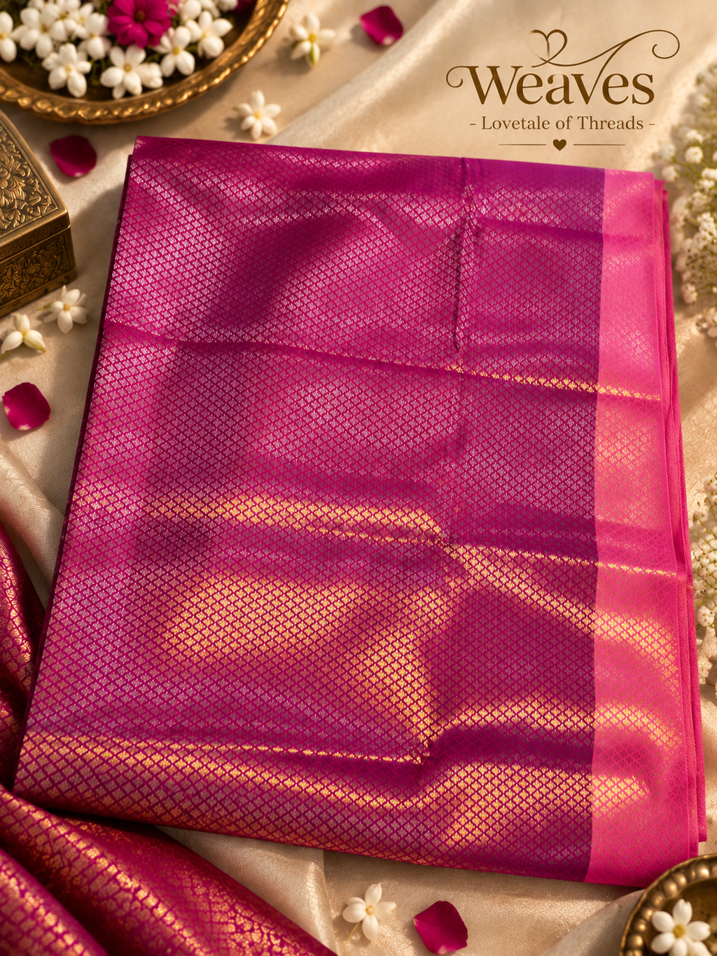Magenta Banarasi soft silk saree with shimmering woven texture