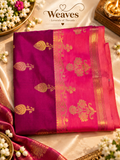 Magenta Banarasi soft silk saree with gold-toned motifs and ornate border