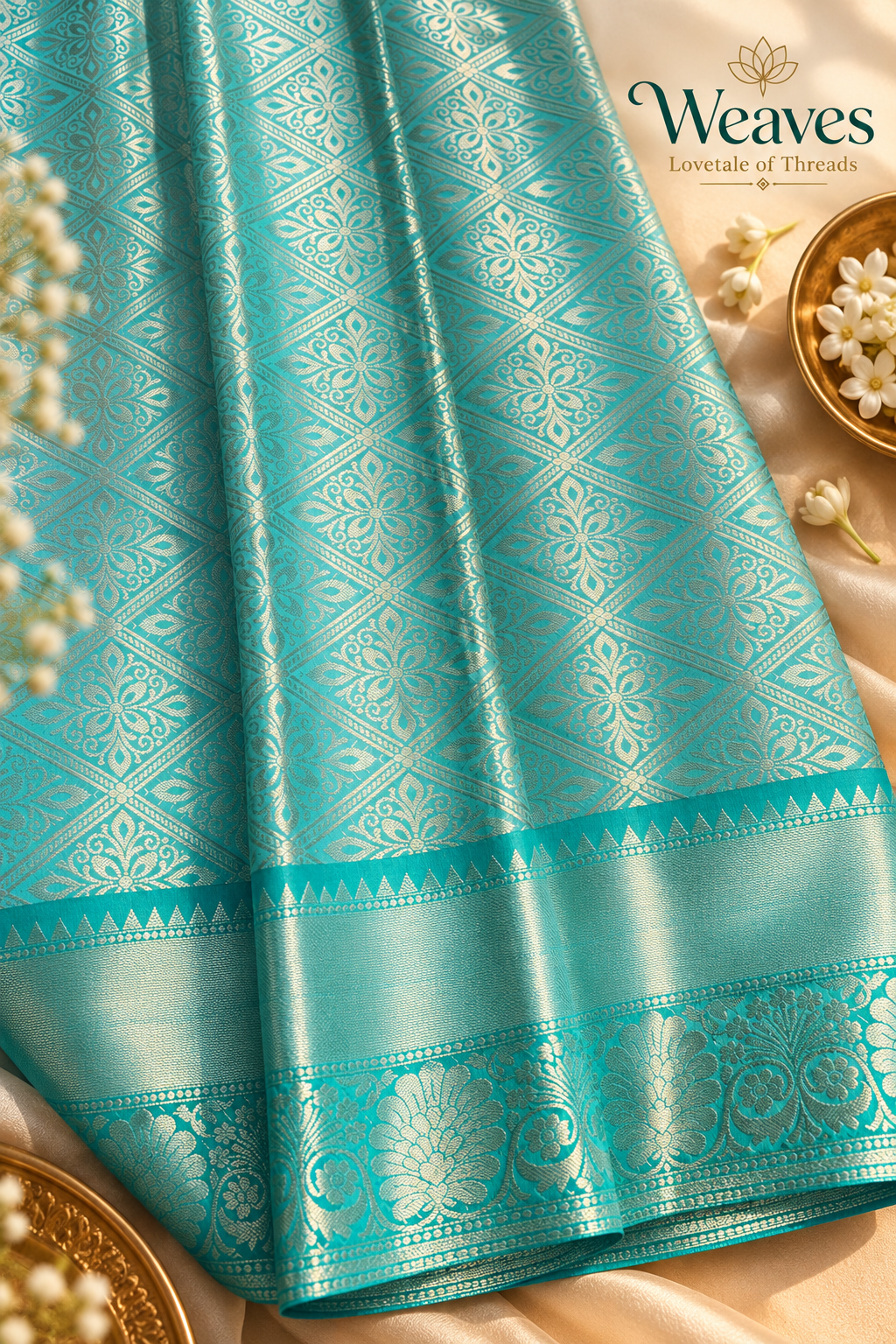 Turquoise tissue silk pallu with silver diamond lattice and floral border