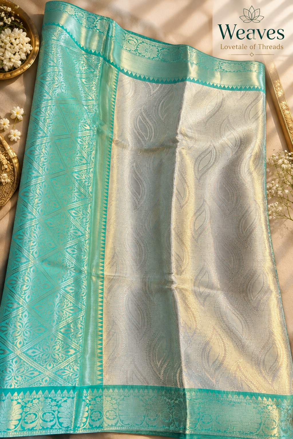 Silver grey tissue silk saree body with turquoise border and pallu