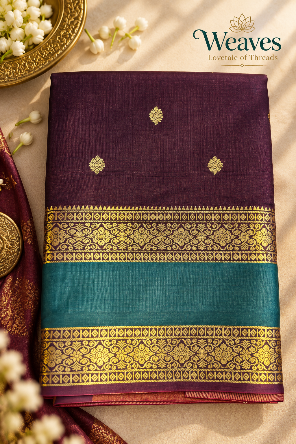 Folded wine katan silk saree with gold buttas, teal band, and gold floral borders