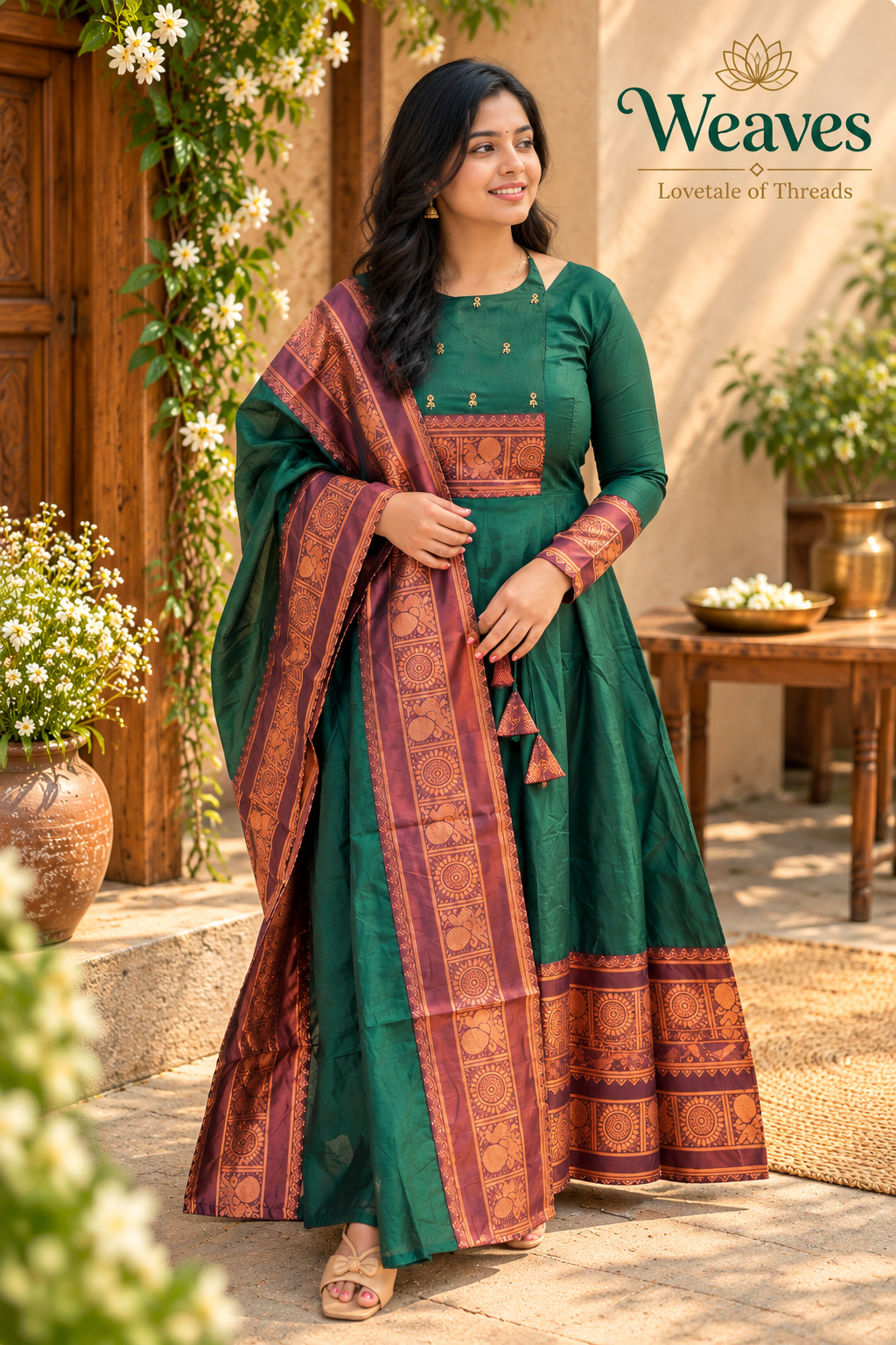 Model wearing bottle green Anarkali kurta set with maroon dupatta