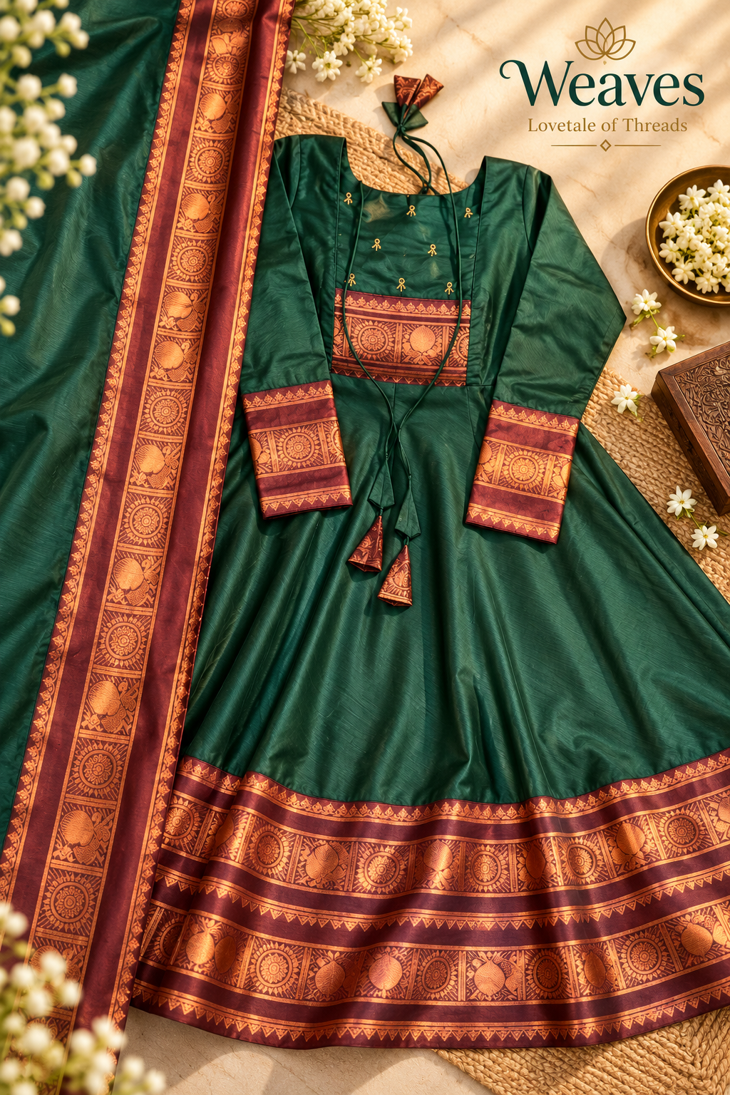 Bottle green Anarkali kurta with matching maroon border dupatta