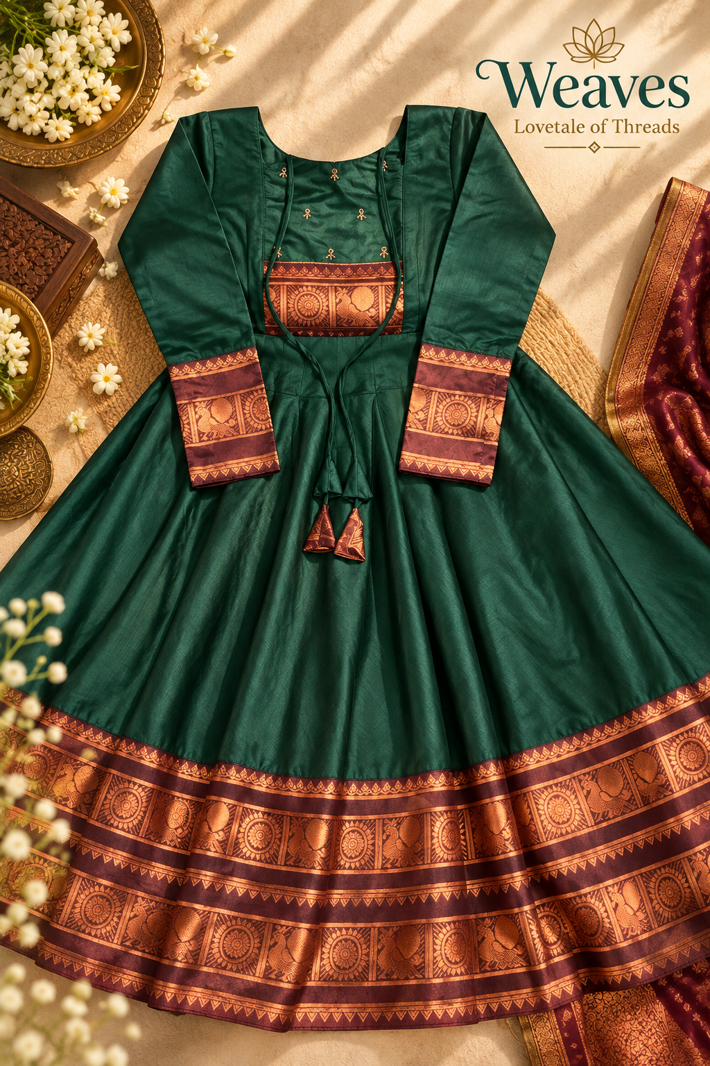 Bottle green Anarkali kurta laid flat with maroon and gold woven border