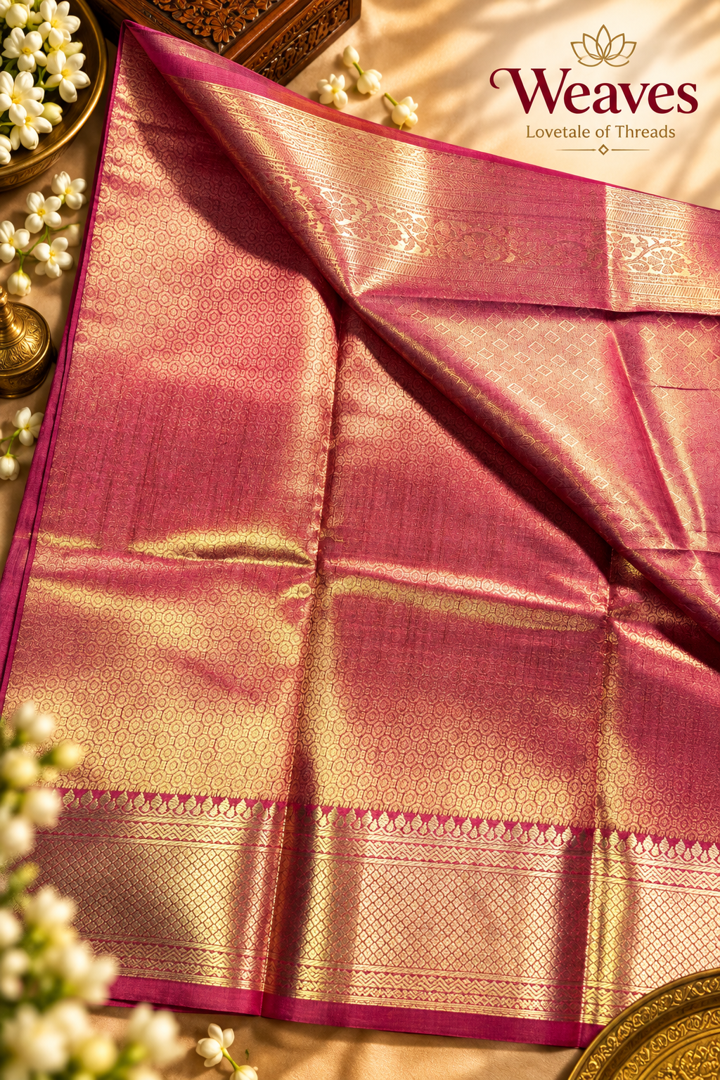Folded rose pink saree with gold motifs and woven border