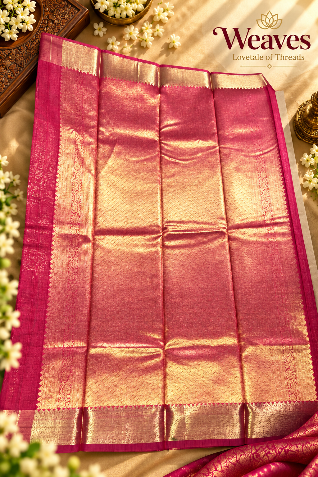Rose pink and gold saree showing full woven pallu and borders