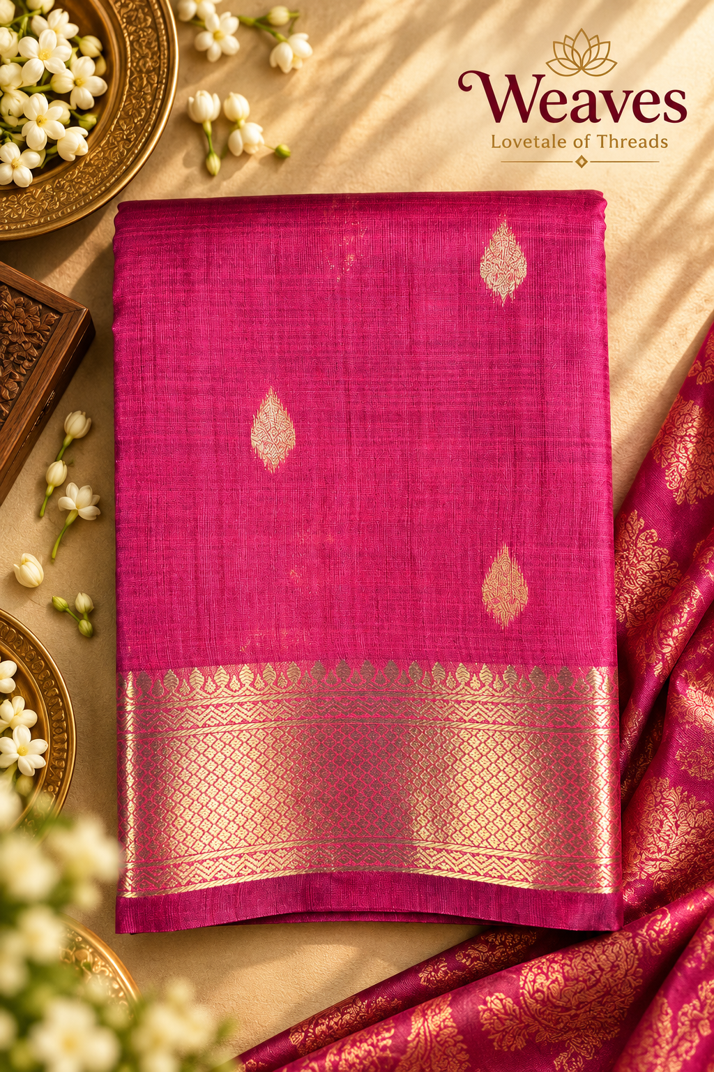 Rose pink saree with gold woven pattern and ornate border