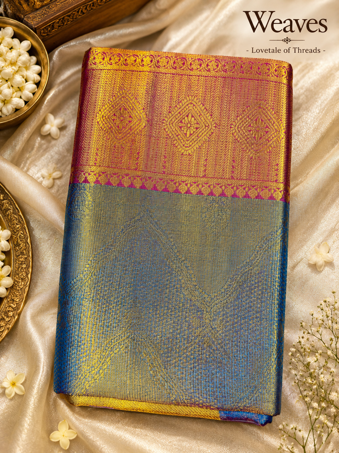 Blue and pink Kanchipuram semi tissue silk saree folded with a contrasting woven border
