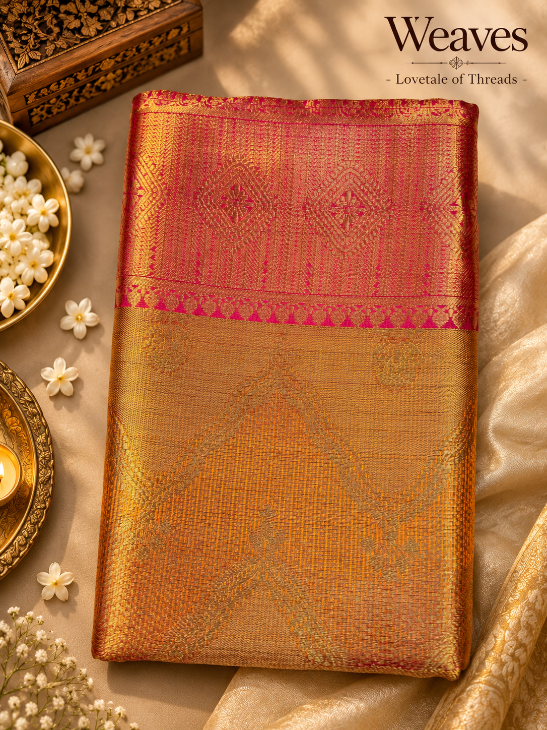 Blue and purple Kanchipuram semi tissue silk saree folded with gold-toned woven detailing
