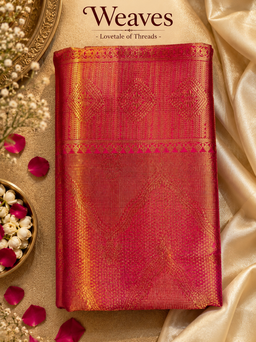 Blue and gold Kanchipuram semi tissue silk saree displayed with purple border and decorative woven motifs