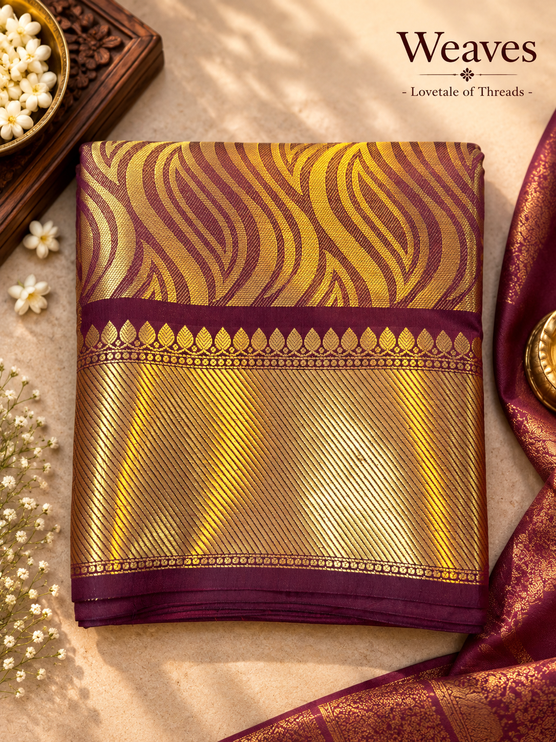 Wine Kanchipuram semi silk saree with gold woven body and traditional border