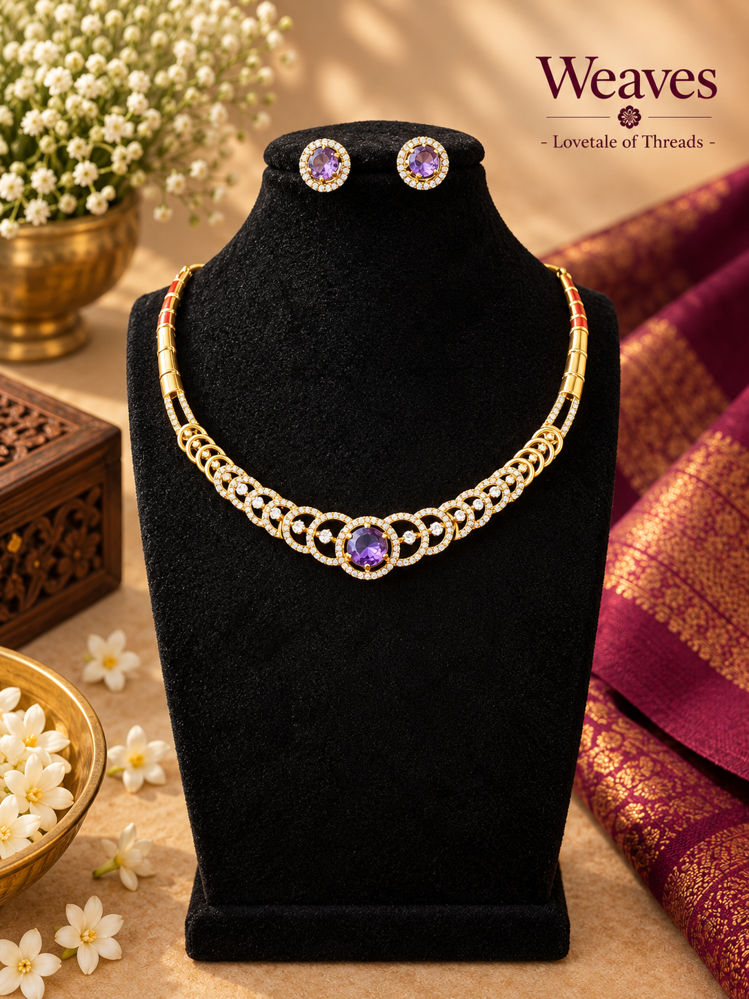 Gold-tone necklace and matching earrings with purple stones displayed on a black jewellery bust