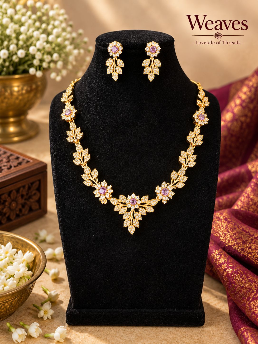 Gold-tone floral necklace and matching earrings with pink stones displayed on a black jewellery bust