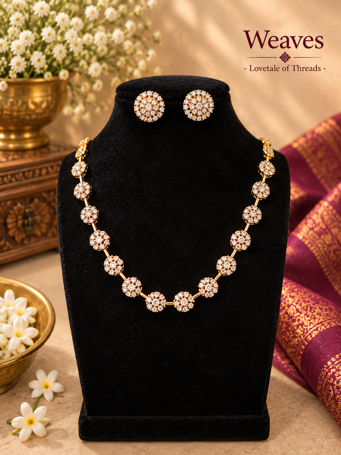 Imitation gold-tone necklace and matching earrings with repeating floral clusters and clear stone-style accents