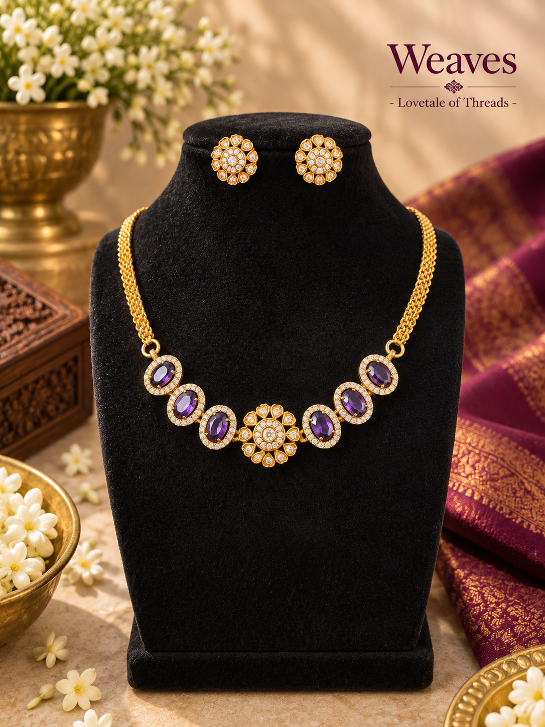 Imitation gold-tone necklace and matching earrings with purple stone-style accents and clear details