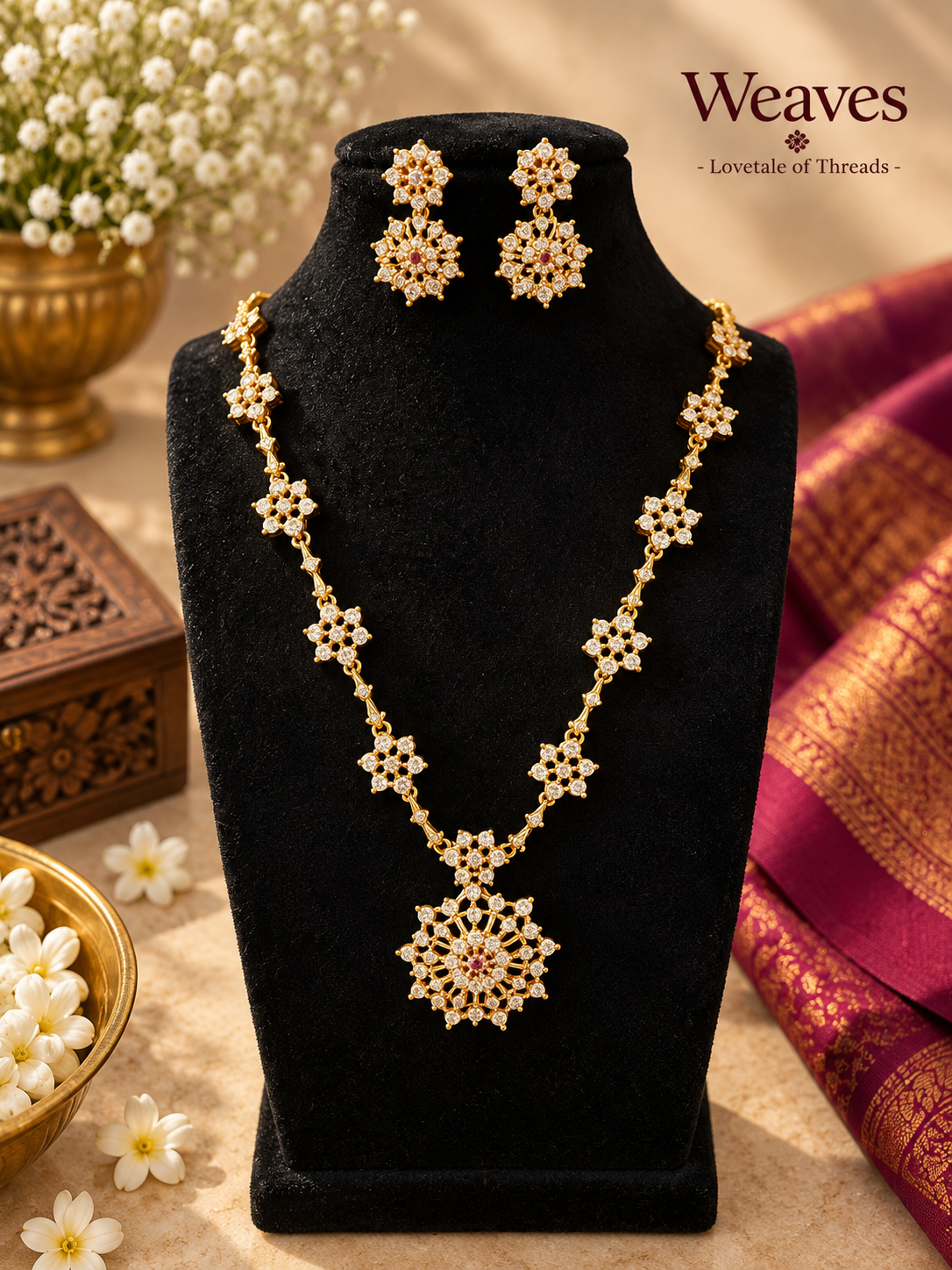 Imitation floral gold-tone necklace and matching earrings with clear stone-style accents and statement pendant