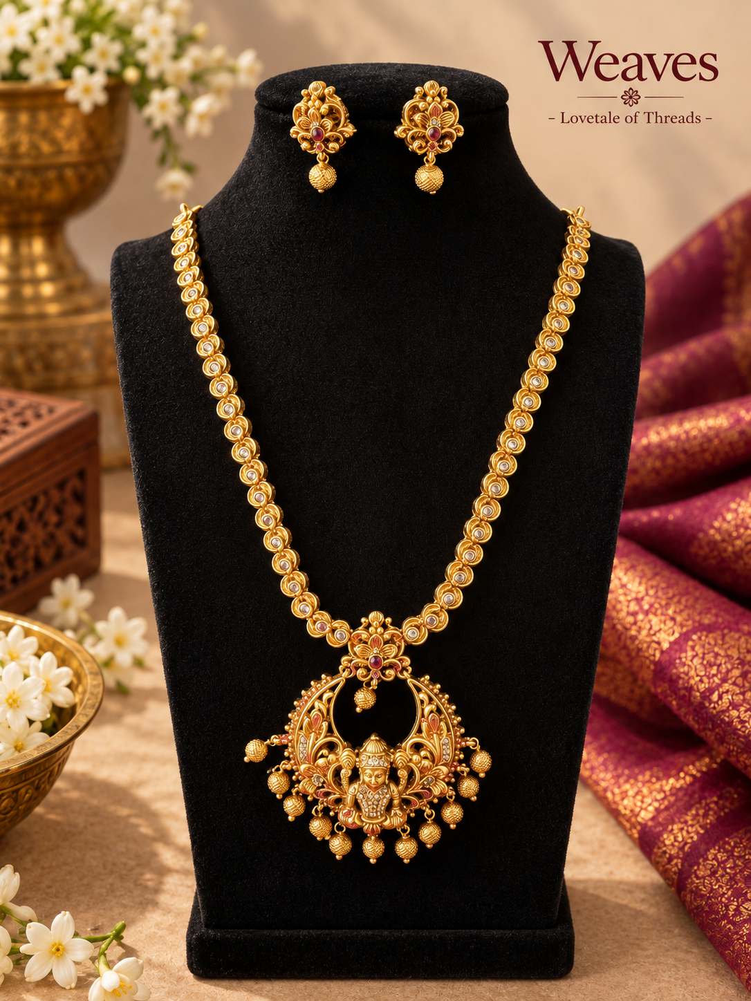 Imitation temple-style gold-tone necklace and matching earrings with ornate pendant and jewel accents