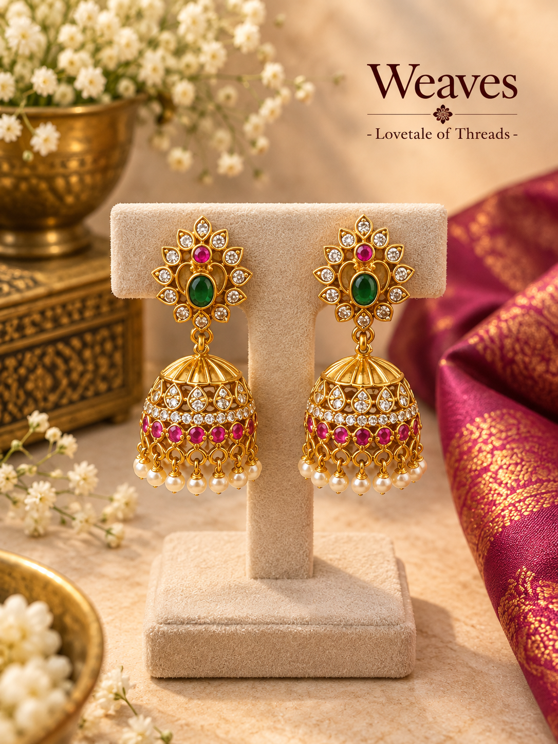 Imitation gold-tone jhumka earrings with red and green accents and pearl-style drops