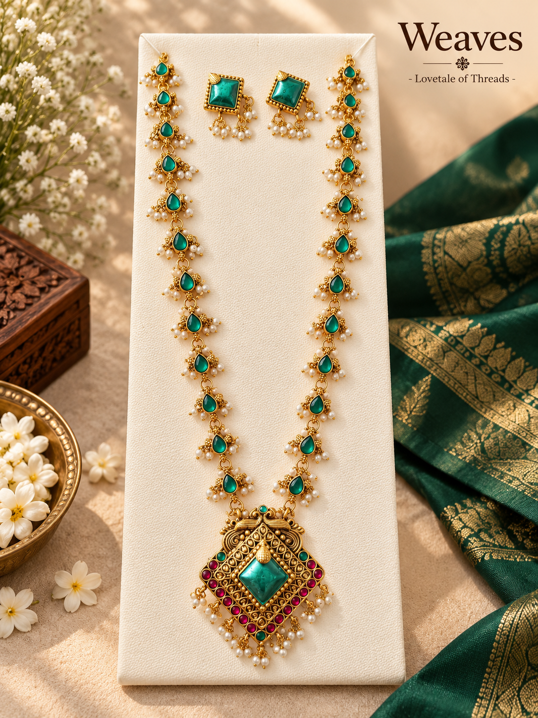 Pink and gold-tone imitation double necklace with matching square earrings and pearl-style drops