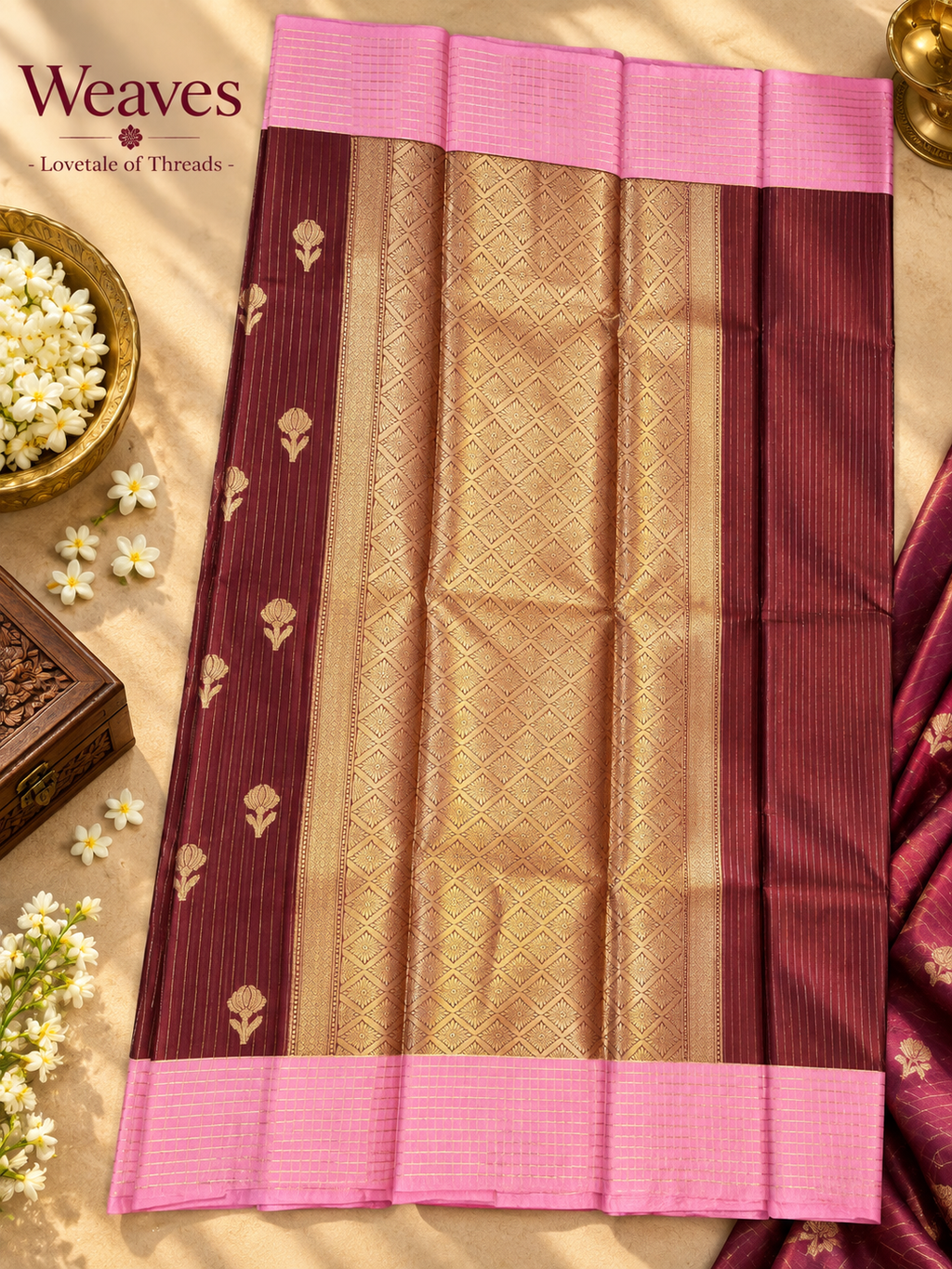Maroon and pink soft silk saree with gold floral motifs folded on a festive display