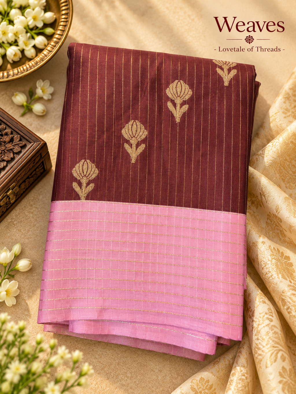 Maroon and pink soft silk saree with gold-tone stripes and floral motifs displayed full length