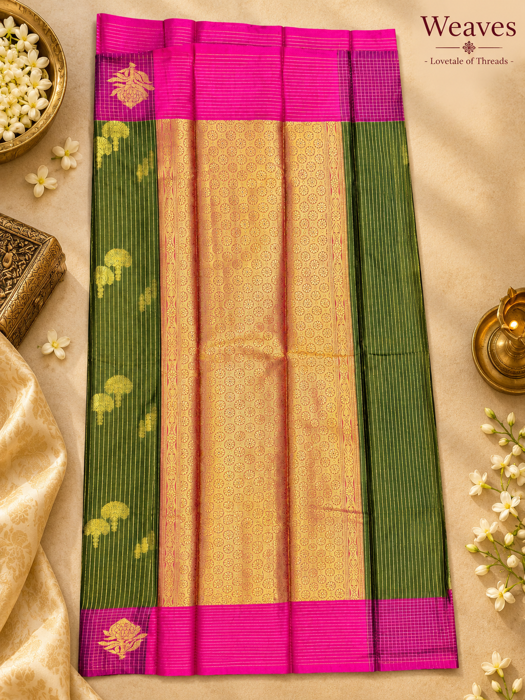 Green and magenta soft silk saree displayed full length with gold patterned panel and floral motifs