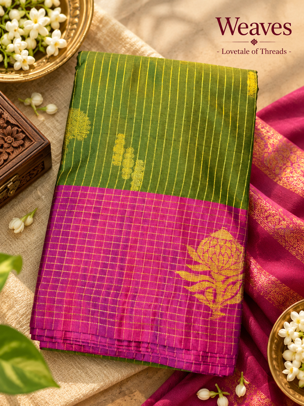 Green and magenta soft silk saree with gold-tone stripes and floral motifs folded on a festive display